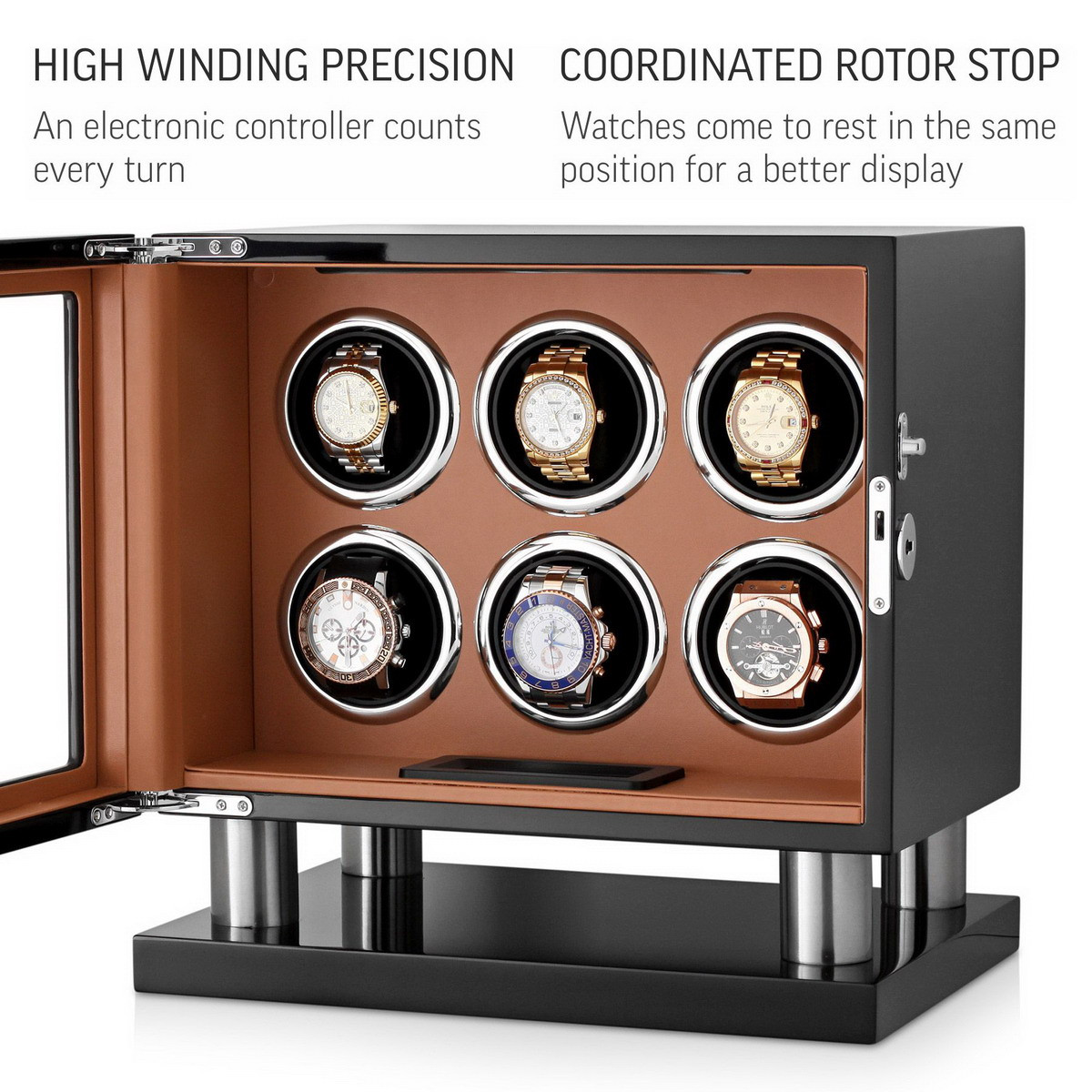 Watch Winder Box 8006-BBr-D for 6 Automatic Watches with Leather