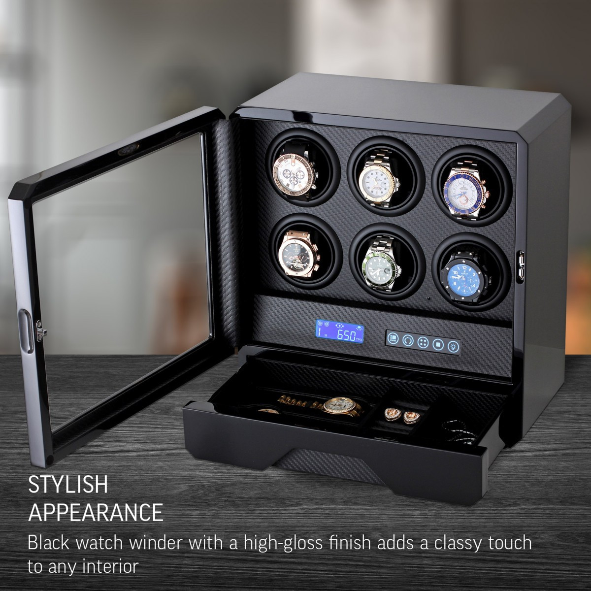 4 Watch Winder with 5 Watch Storage Space, LCD Display, Touch Control and  Interior Backlight