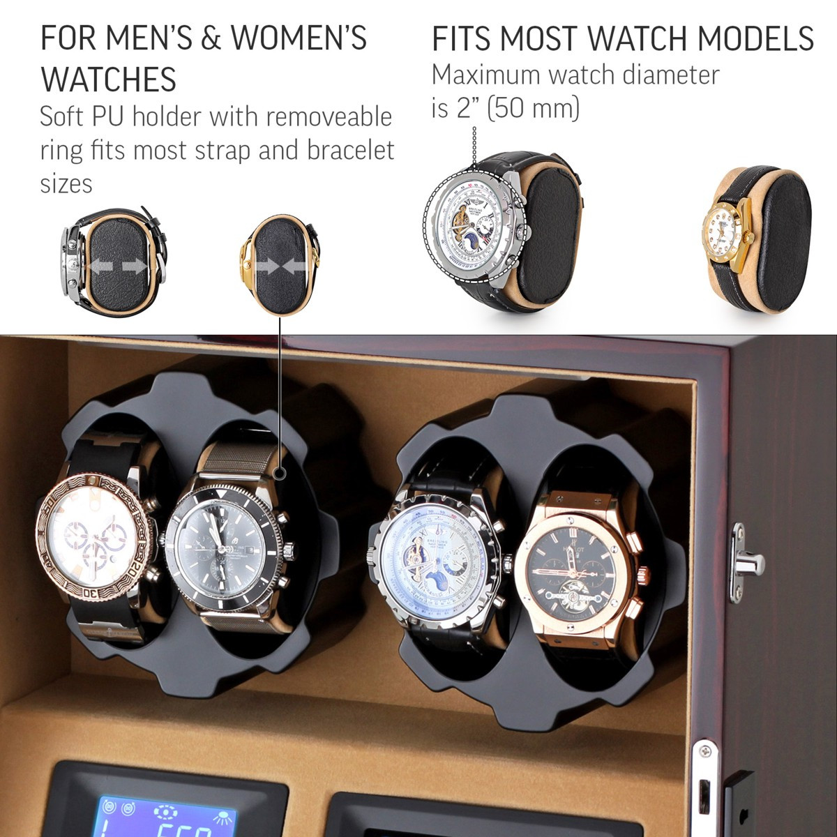 Watch Winder X205-EC1 for 4 Automatic Watches with LED Backlight, LCD ...