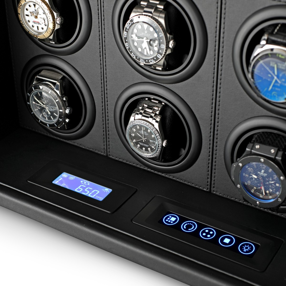 Watch Winder Safe QN-12BB-PU for 12 Watches with Digital Lock, Alarm