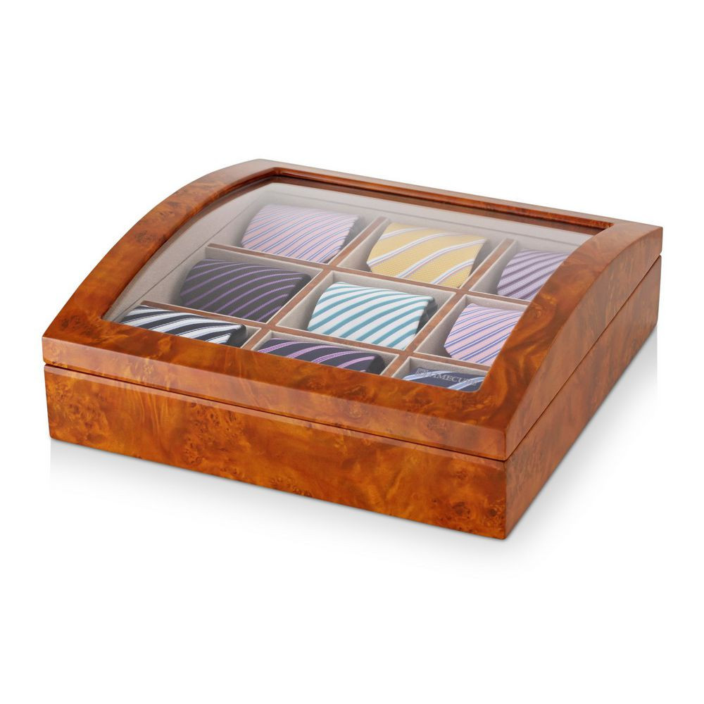 9 Tie Storage Box for Men Tie Set with Gift Box Included (Burl Wood + Peach)
