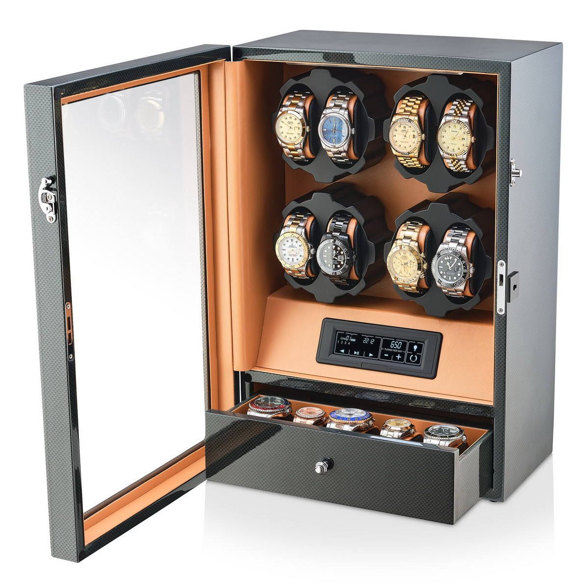 Watch Winder X206TBr for 8 Automatic Watches with LED Backlight, LCD