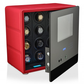 Watch Winder Safe with Fingerprint Lock and Alarm System (Red + Black)