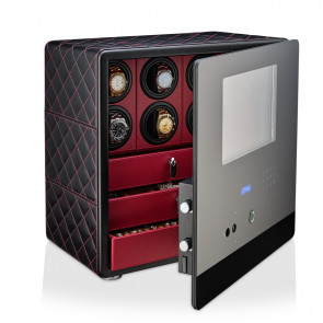 Watch Winder Safe with Fingerprint Lock and Jewelry Drawers (Black + Red)