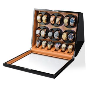 12 Watch Winder with 6 Storage Slots (Black+Brown)